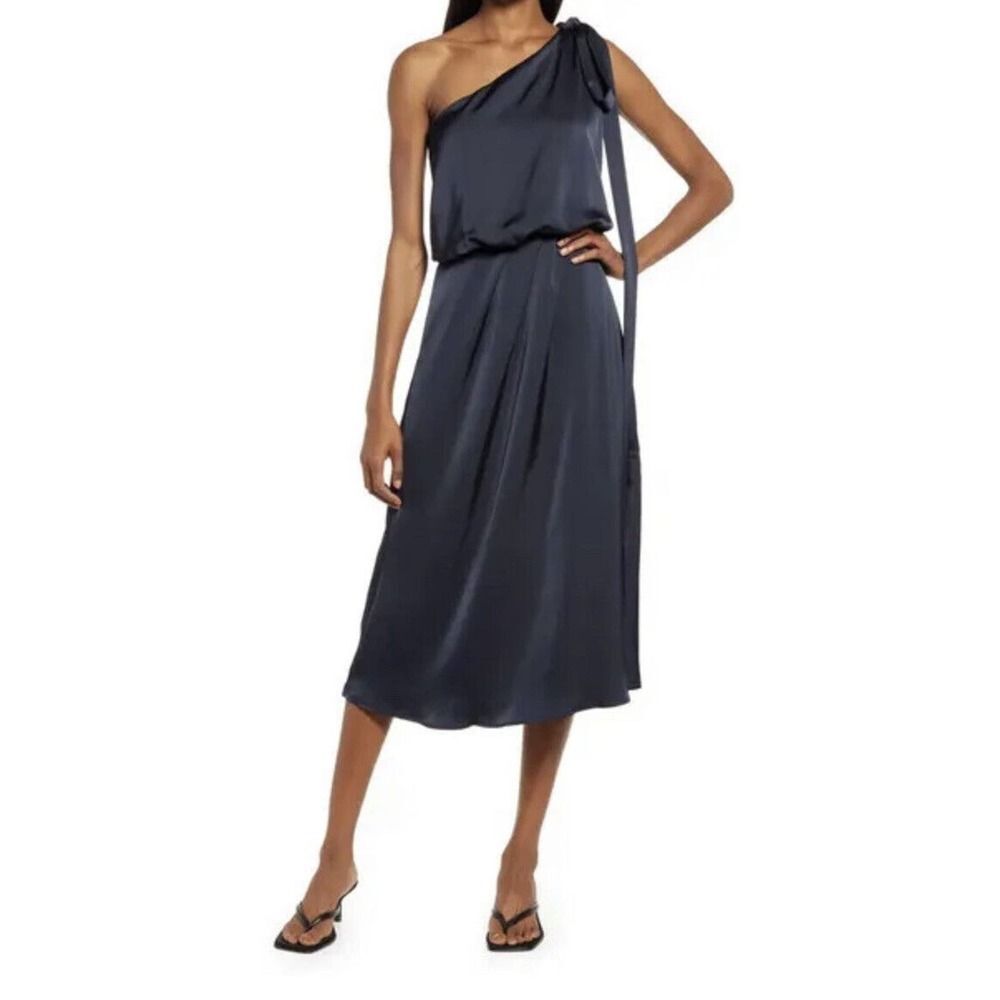 AMYLYNN Woman Navy Blue One Shoulder Satin Midi Dress~Size M - Picture 3 of 10